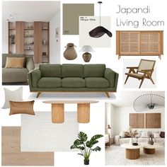 a living room with furniture and decor in shades of brown, green, beige and white