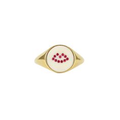 A fun, fresh, feminine take on the traditional signet ring - sure to make you smile every day.11 brilliant cut rubies are set into a circular piece of cow horn forming a cute lip shape - creating a striking contrast between the red and cream colour. The whole piece is then inlayed into a signet ring shape made from recycled silver and then heavily overlayed with 18ct Gold vermeil. All Lee Renee jewellery is made from recycled sterling silver or 18 carat gold plate on sterling silver. When not be White Fine Jewelry Round Ruby Ring, White Round Ruby Ring Fine Jewelry, White Round Ruby Ring In Fine Jewelry Style, White Ruby Ring In 14k Gold, Elegant Enamel Signet Ring, Round Enamel Ring For Valentine's Day Gift, Valentine's Day Gift Enamel Ring, White Ruby Ring Round Cut For Gift, Red Round Ring For Everyday