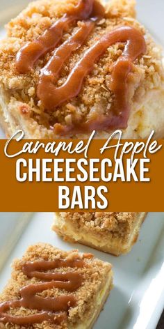 cheesecake bar on a plate Thick Cheesecake, Amazing Thanksgiving Desserts, Desserts Potluck, Caramel Apple Cheesecake Recipes, Apple Cheesecake Recipes, Desserts Caramel, Cheesecake Caramel, Apple Cheesecake Bars, Caramel Apple Cheesecake Bars