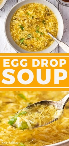 an egg drop soup in a white bowl with a spoon full of it and the title overlay reads, egg drop soup