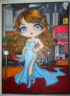 a drawing of a girl in a blue dress standing on a red carpet with her hair blowing in the wind