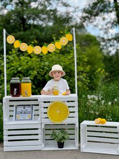 a little boy sitting at a lemonade stand