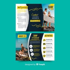 two fold brochure template with surfers on the beach in blue and yellow colors