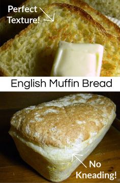 no knead english muffin bread with butter on top and an image of the loaf