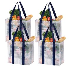 two clear bags filled with fruits and vegetables on top of each other in front of a white background