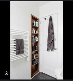 a bathroom with a towel rack next to the door