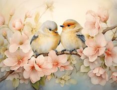 two birds sitting on a branch with pink flowers