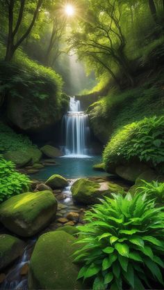 a waterfall surrounded by lush green trees and rocks in the forest with sunlight streaming through