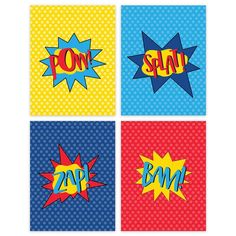 four pop art prints with the words pow, slap and boom in blue, yellow, red