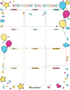 a birthday calendar with balloons, stars and confetti on the bottom half of it