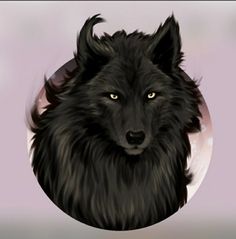 a black wolf with yellow eyes is in front of a white circle that has the moon behind it