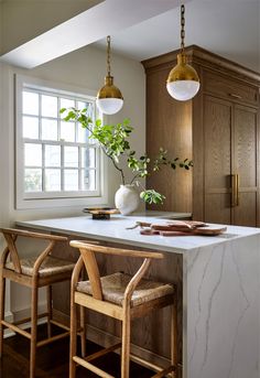 a kitchen island with two stools next to it and a potted plant on the counter