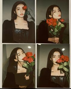 four pictures of a woman with roses in her mouth, and the same person holding flowers