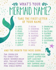 a poster with the words what's your mermaid name? and an image of a sea horse