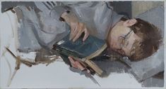 a painting of a man laying down with his head on an open book while reading