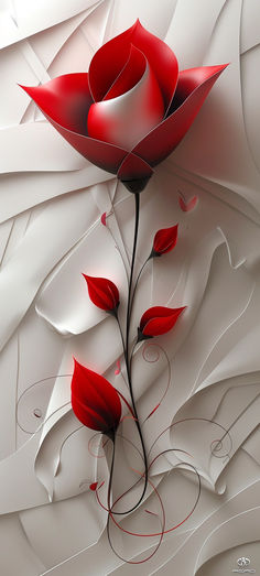 a red flower on a white background with swirls