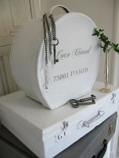 Vintage Chanel Suitcases <3 Chanel Luggage, Old Suitcases, Vintage Suitcases, Vintage Luggage, Hat Boxes, Hat Box, Shades Of White, Classy And Fabulous, Suitcases