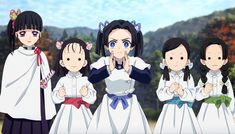 an anime scene with four people dressed in white and one woman wearing black, the other holding her hand up to her mouth