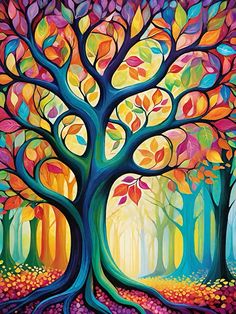 a painting of a tree with colorful leaves on it