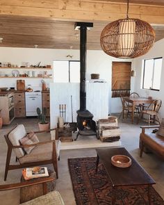 a living room filled with furniture and a fire place in the middle of a room