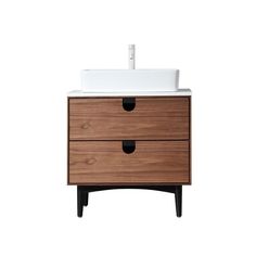 a wooden sink cabinet with two drawers and a white counter top on the bottom, against a white background