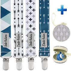 three lanyards with blue and white designs on them