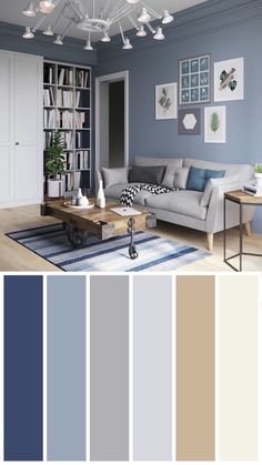 a living room with blue walls and furniture