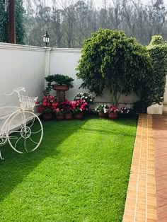 a white bike sitting on top of a lush green field next to a garden filled with potted plants