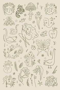 an image of some doodles with flowers and plants on them, including mushrooms