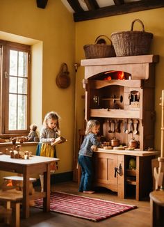 two children playing in a play kitchen with wooden furniture and baskets on the top shelf