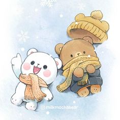 two teddy bears with hats and scarves are sitting next to each other in the snow