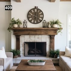 a living room filled with furniture and a large clock on the wall above a fireplace