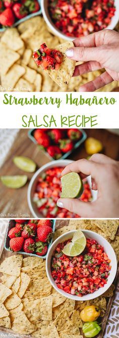 strawberry habanero salsa recipe with tortilla chips and strawberries