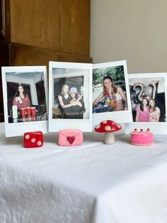 three photos are placed on top of a table with two mushrooms and one mushroom is in front of them