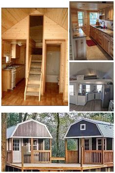 several pictures of tiny houses with stairs to the upper floor and kitchen on each side