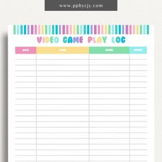 printable template page with columns and rows related to video game playing Gaming Journal, Video Games To Play, Time Management Planner, Progress Tracker, Time Tracker, Checklist Printable, Ps5 Games, Game Title, The End Game