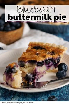 a slice of blueberry buttermik pie on a plate