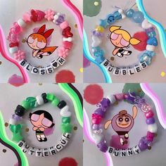 four different bracelets with cartoon characters on them