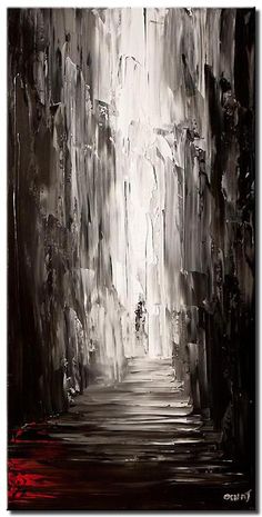 black and white painting of an alley leading to the light at the end of the tunnel