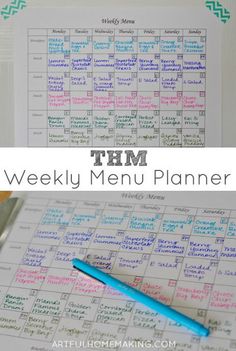 the weekly menu planner is shown with a blue pen