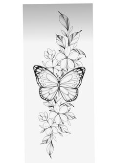 a black and white drawing of a butterfly with flowers on it's back side