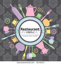 a restaurant menu design with colorful food and drinks on the table, in a circle