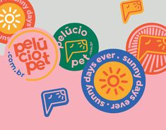 several colorful stickers on a pink background with the words pelico pet written in different languages