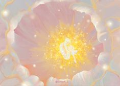 a large pink flower with yellow center surrounded by white clouds and stars in the sky