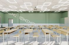 an empty classroom with desks and chairs in front of a wall that has the image of a double - strand of strands on it