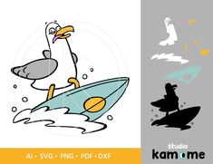 an image of a cartoon character surfing on his surfboard and another drawing of a bird