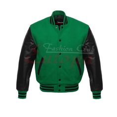 Green with Black sleeves Letterman / Varsity Jacket Black Jeans For Men, Leather Sleeve Jacket, Black Sleeves, Varsity Jacket Men