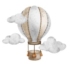 a watercolor drawing of a hot air balloon flying through the sky with clouds around it