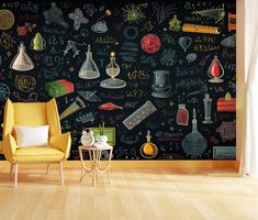 a room with a blackboard wall and yellow chair