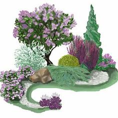 an illustration of a garden with flowers and plants in the center, including trees, shrubs, and rocks